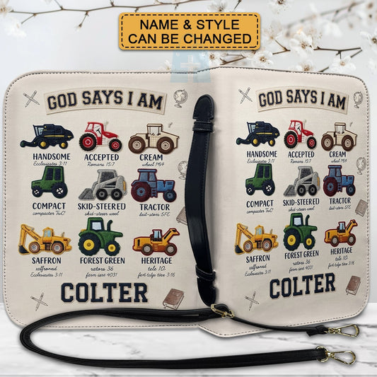Personalized God Says I Am Kids Bible Cover | Custom Name Boy Bible Case, Premium Vegan Leather, Construction Truck Christian Gift CAB0171926