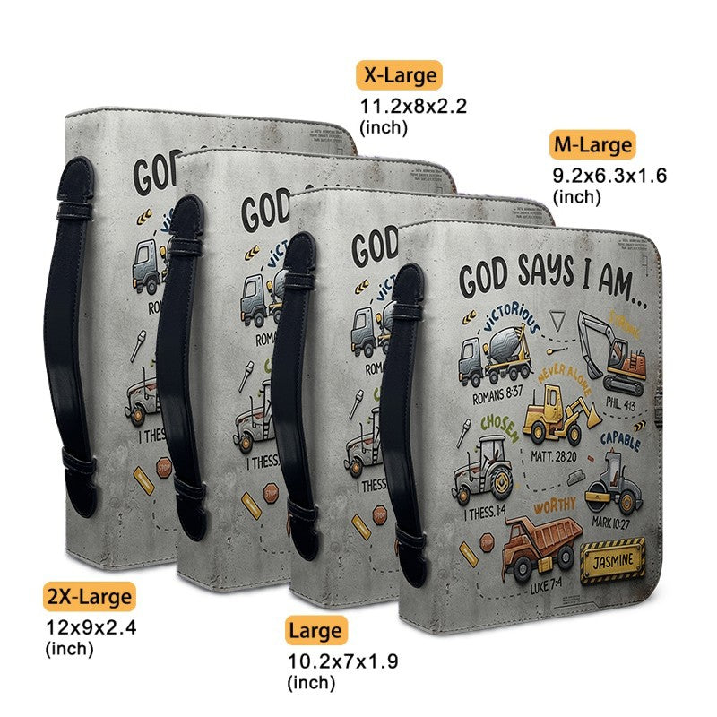 Personalized God Says I Am Kids Bible Cover | Custom Name Boy Bible Case, Premium Vegan Leather, Construction Truck Christian Gift CAB0171726