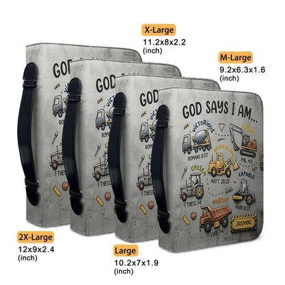 Personalized God Says I Am Kids Bible Cover | Custom Name Boy Bible Case, Premium Vegan Leather, Construction Truck Christian Gift CAB0171726