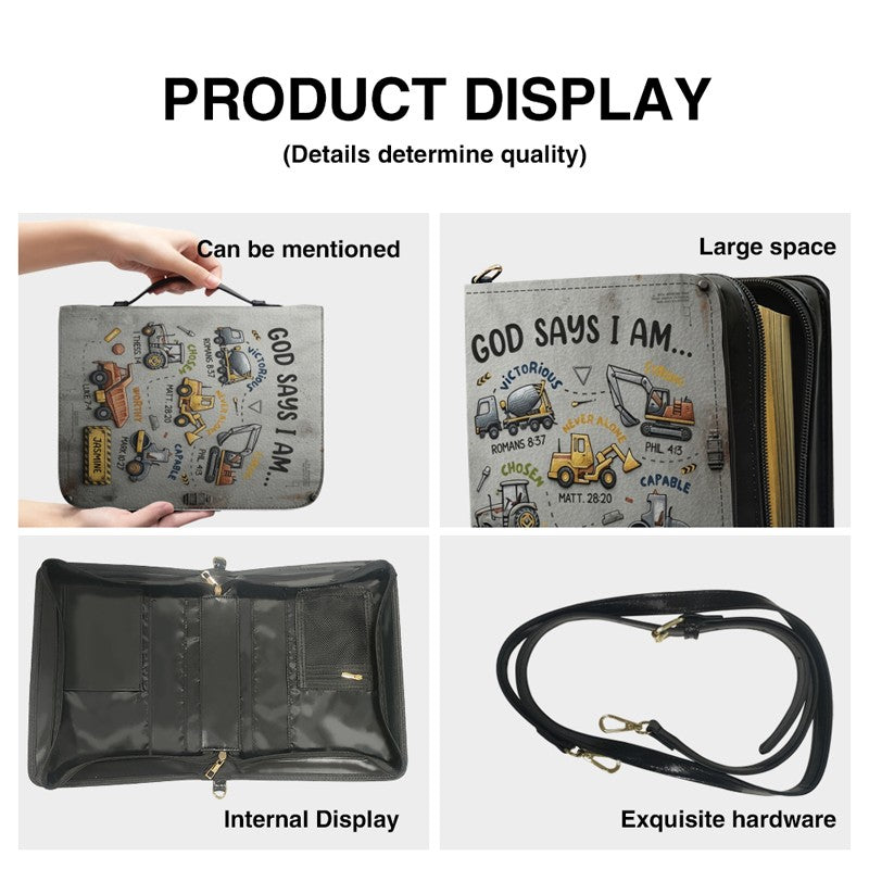 Personalized God Says I Am Kids Bible Cover | Custom Name Boy Bible Case, Premium Vegan Leather, Construction Truck Christian Gift CAB0171726