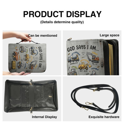 Personalized God Says I Am Kids Bible Cover | Custom Name Boy Bible Case, Premium Vegan Leather, Construction Truck Christian Gift CAB0171726