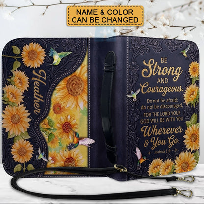 Personalized Bible Cover with Name & Verse - Sunflower Hummingbird Leather Bible Case, Be Strong Joshua 1:9 Christian Gift - CHRISTIANARTBAG 01082326