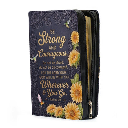 Personalized Bible Cover with Name & Verse - Sunflower Hummingbird Leather Bible Case, Be Strong Joshua 1:9 Christian Gift - CHRISTIANARTBAG 01082326