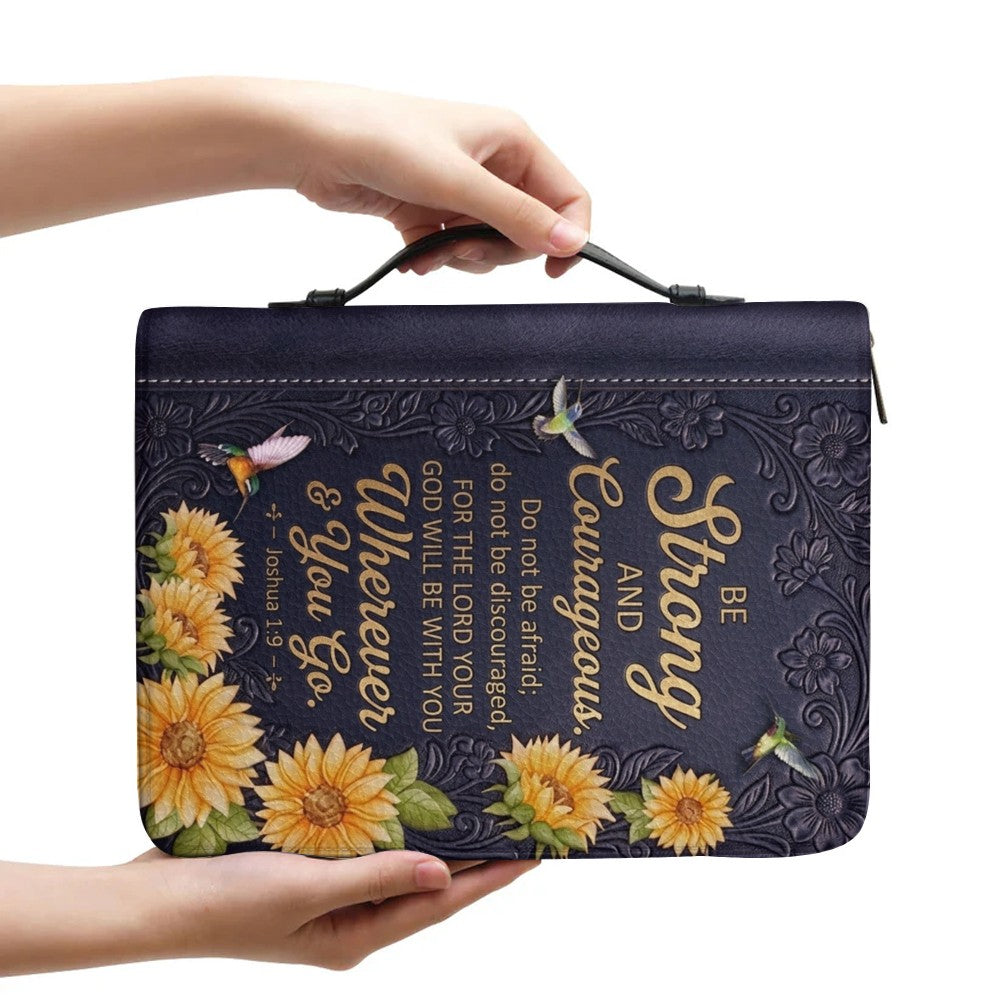 Personalized Bible Cover with Name & Verse - Sunflower Hummingbird Leather Bible Case, Be Strong Joshua 1:9 Christian Gift - CHRISTIANARTBAG 01082326