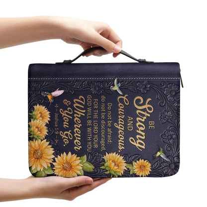 Personalized Bible Cover with Name & Verse - Sunflower Hummingbird Leather Bible Case, Be Strong Joshua 1:9 Christian Gift - CHRISTIANARTBAG 01082326