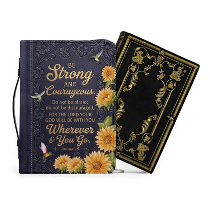 Personalized Bible Cover with Name & Verse - Sunflower Hummingbird Leather Bible Case, Be Strong Joshua 1:9 Christian Gift - CHRISTIANARTBAG 01082326