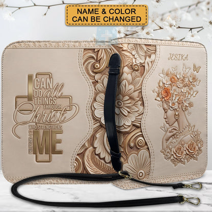 Personalized Leather Bible Cover with Strap - "I Can Do All Things Through Christ" Philippians 4:13, Custom Name Floral Artwork Case by CHRISTIANARTBAG 01082426
