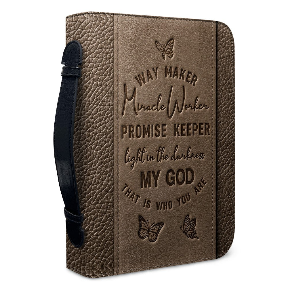 Personalized Leather Bible Cover with Strap & Handle – Way Maker Miracle Worker Custom Name & Scripture Butterfly Bible Case for Women – CHRISTIANARTBAG 01082126