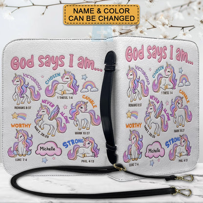 Personalized Bible Cover Carrying Bag with Handle & Strap, God Says I Am Unicorn Custom Name Bible Case - CHRISTIANARTBAG 01092426