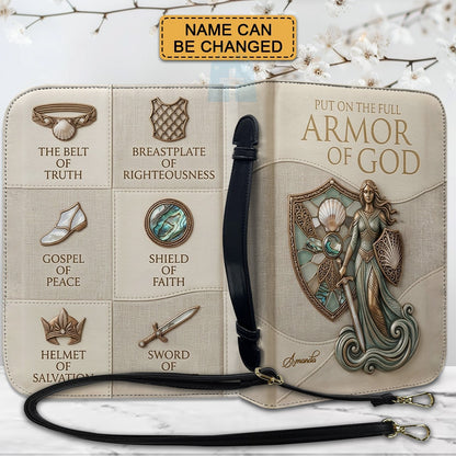 Personalized Leather Bible Cover Featuring Full Armor of God Design with Custom Name and Shoulder Strap by CHRISTIANARTBAG CAB016426
