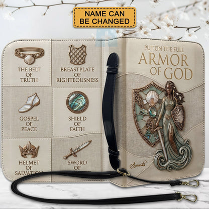 Personalized Leather Bible Cover Featuring Full Armor of God Design with Custom Name and Shoulder Strap by CHRISTIANARTBAG CAB016426