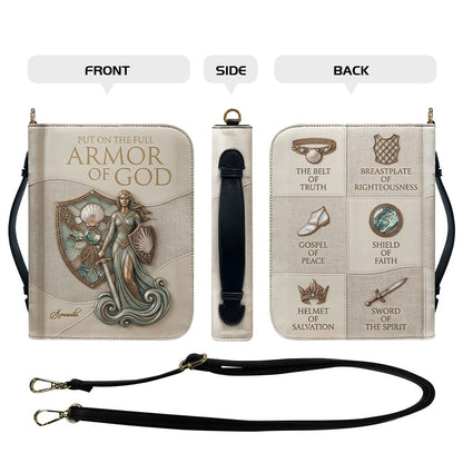 Personalized Leather Bible Cover Featuring Full Armor of God Design with Custom Name and Shoulder Strap by CHRISTIANARTBAG CAB016426