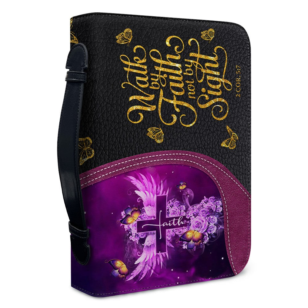 Personalized Bible Cover with Name - Custom Leather Bible Case for Women - Walk By Faith Not By Sight Scripture Gift - CAB141826