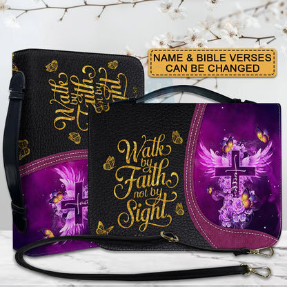 Personalized Bible Cover with Name - Custom Leather Bible Case for Women - Walk By Faith Not By Sight Scripture Gift - CAB141826