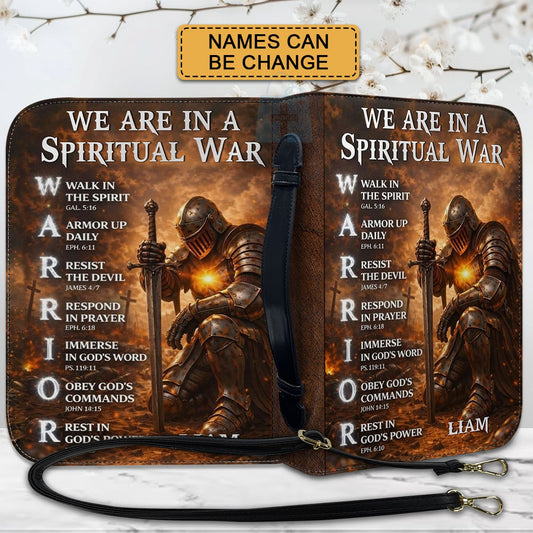 Personalized Bible Cover – We Are In A Spiritual War Christian Warrior Design | Custom Name | 3 Versions Available | Leather Scripture Book Cover by CHRISTIANARTBAG