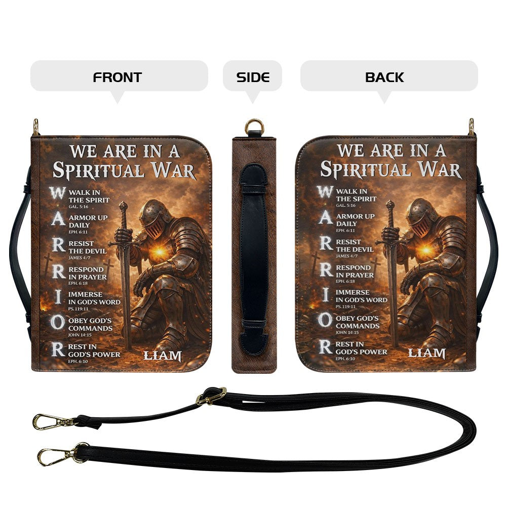 Personalized Bible Cover – We Are In A Spiritual War Christian Warrior Design | Custom Name | 3 Versions Available | Leather Scripture Book Cover by CHRISTIANARTBAG