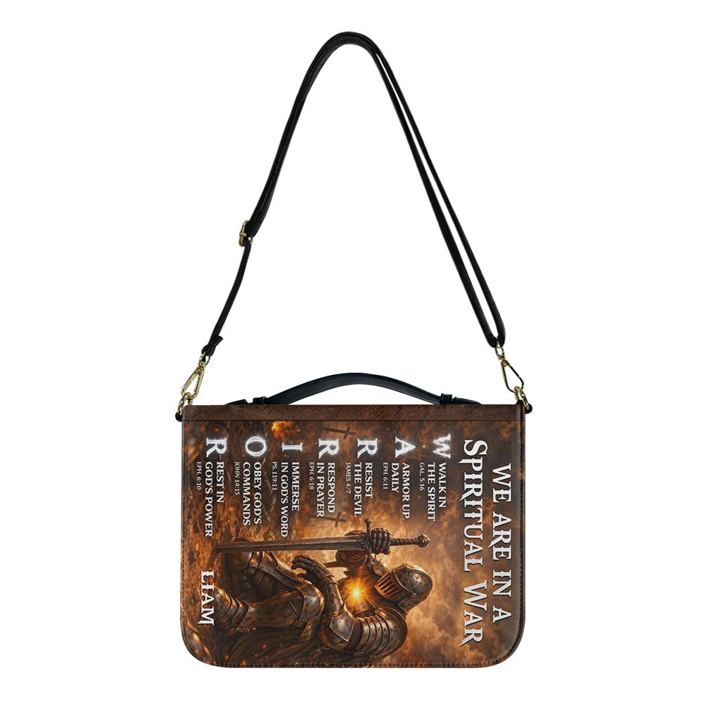 Personalized Bible Cover – We Are In A Spiritual War Christian Warrior Design | Custom Name | 3 Versions Available | Leather Scripture Book Cover by CHRISTIANARTBAG