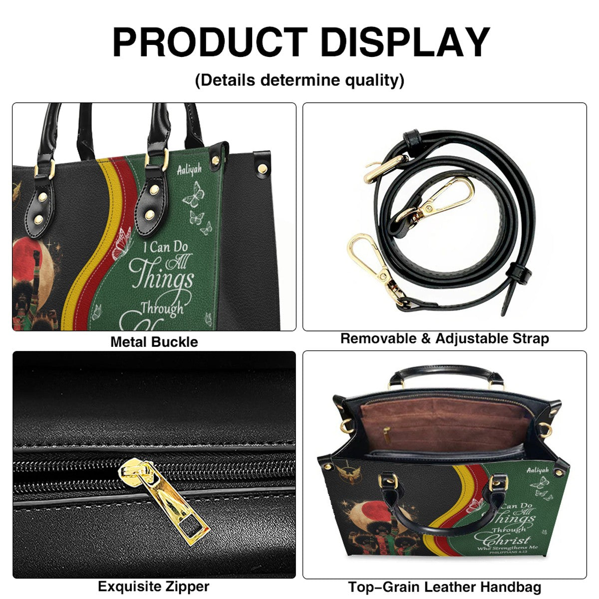 Personalized Christian Leather Handbag for Women – Black Pride Faith Purse with Custom Name & Bible Verse – CHRISTIANARTBAG