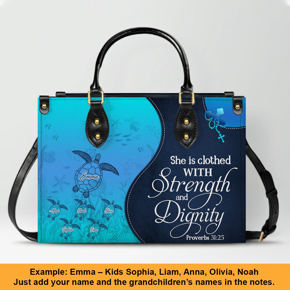 Personalized Christian Leather Bag – Custom Grandma Handbag with Grandkids’ Names – Choose Your Bible Verse – CHRISTIANARTBAG