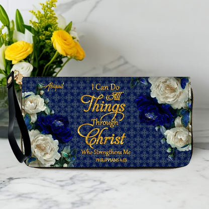 Personalized Christian Leather Handbag & Long Wallet Set – Custom Name Bible Verse Floral Blue Bag Gift for Women