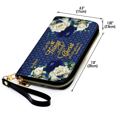 Personalized Christian Leather Handbag & Long Wallet Set – Custom Name Bible Verse Floral Blue Bag Gift for Women