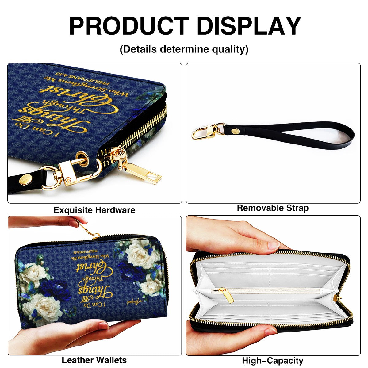 Personalized Christian Leather Handbag & Long Wallet Set – Custom Name Bible Verse Floral Blue Bag Gift for Women