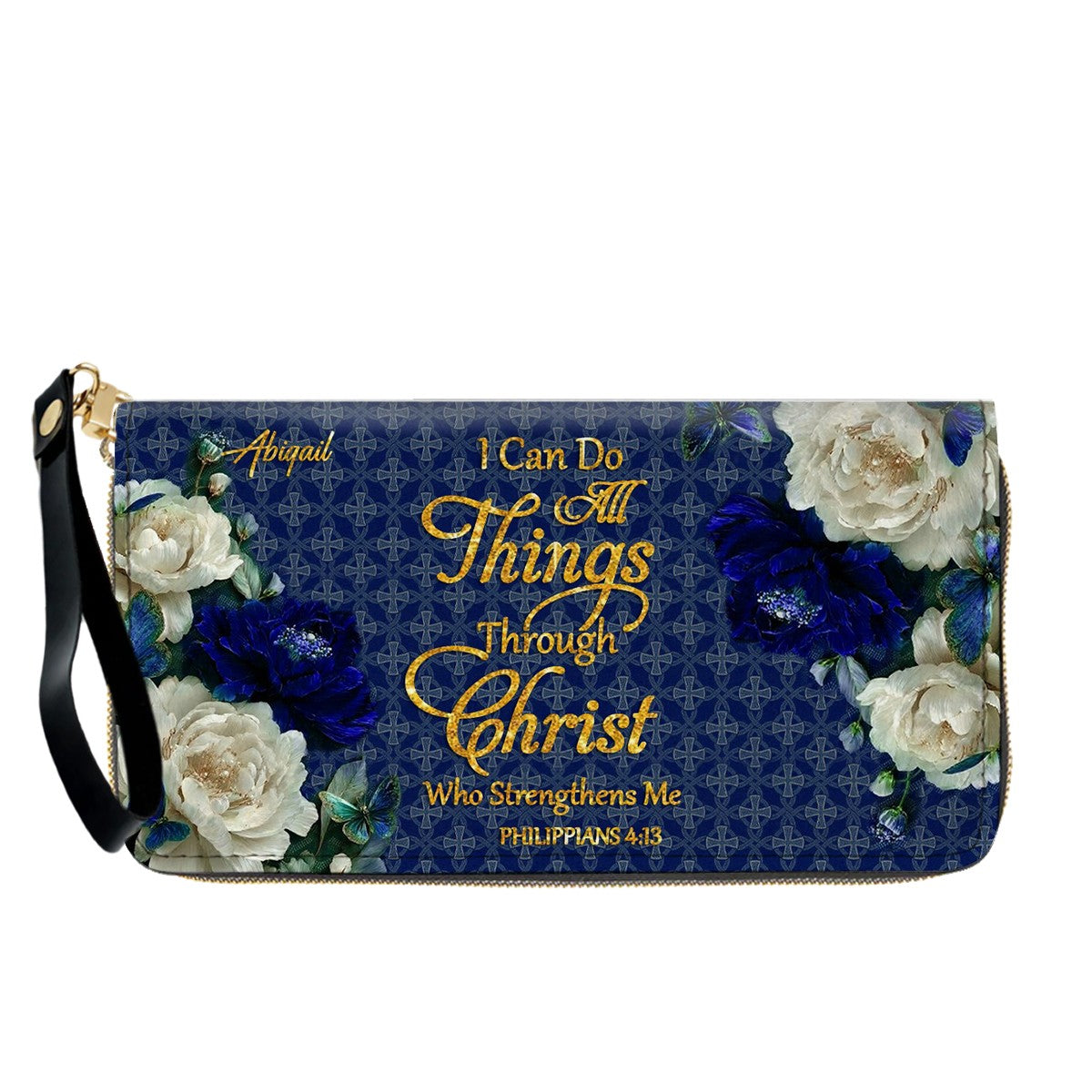 Personalized Christian Leather Handbag & Long Wallet Set – Custom Name Bible Verse Floral Blue Bag Gift for Women