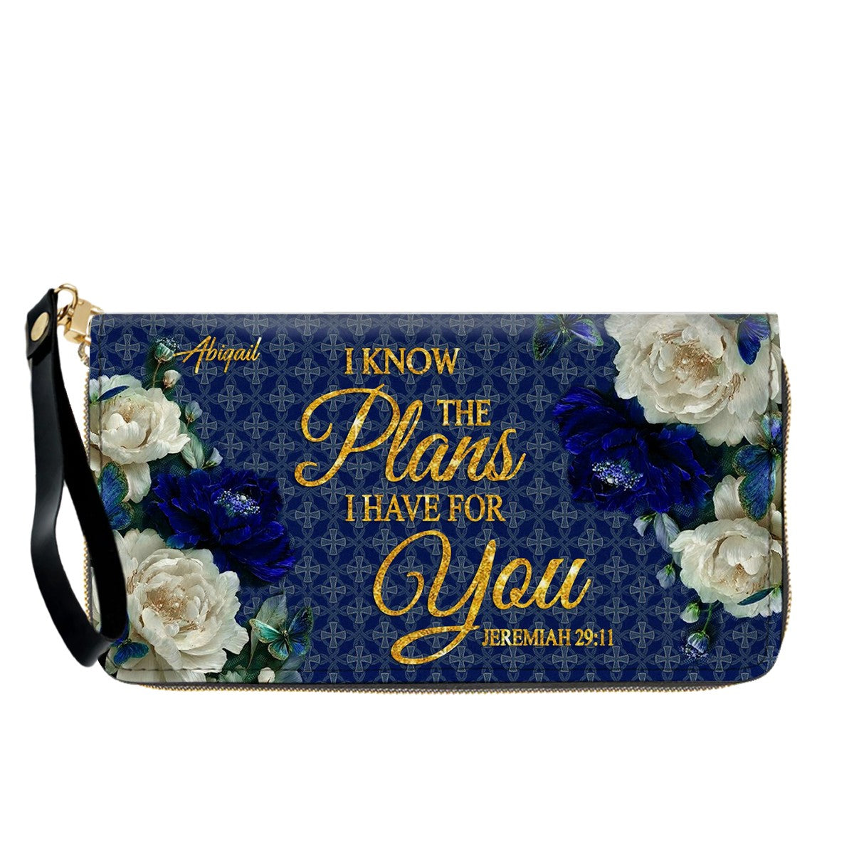 Personalized Christian Leather Handbag & Long Wallet Set – Custom Name Bible Verse Floral Blue Bag Gift for Women