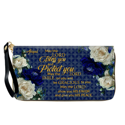 Personalized Christian Leather Handbag & Long Wallet Set – Custom Name Bible Verse Floral Blue Bag Gift for Women