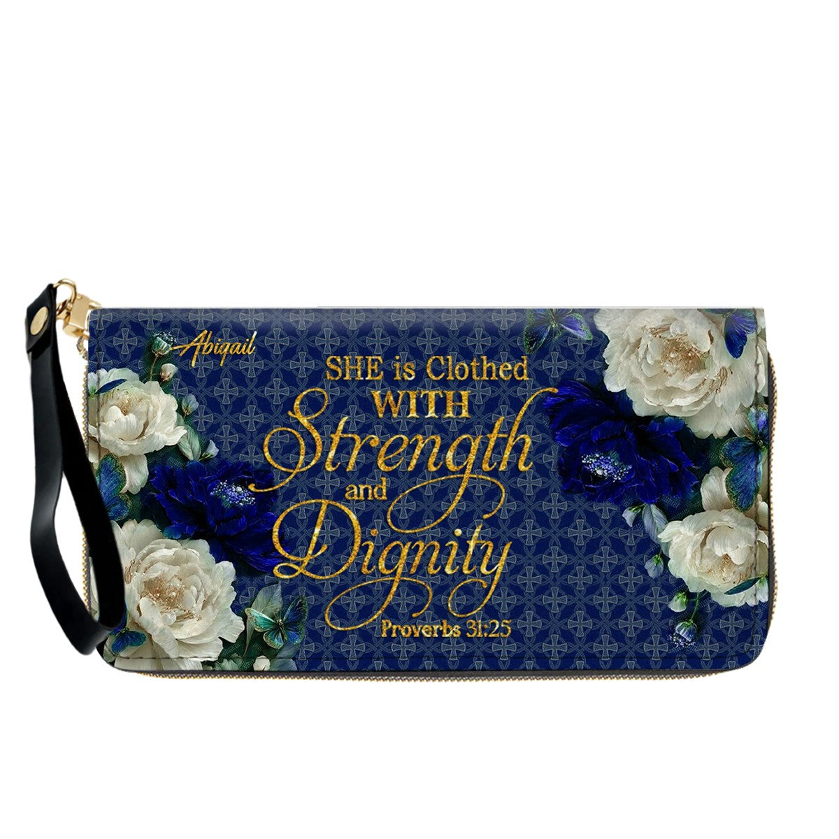 Personalized Christian Leather Handbag & Long Wallet Set – Custom Name Bible Verse Floral Blue Bag Gift for Women