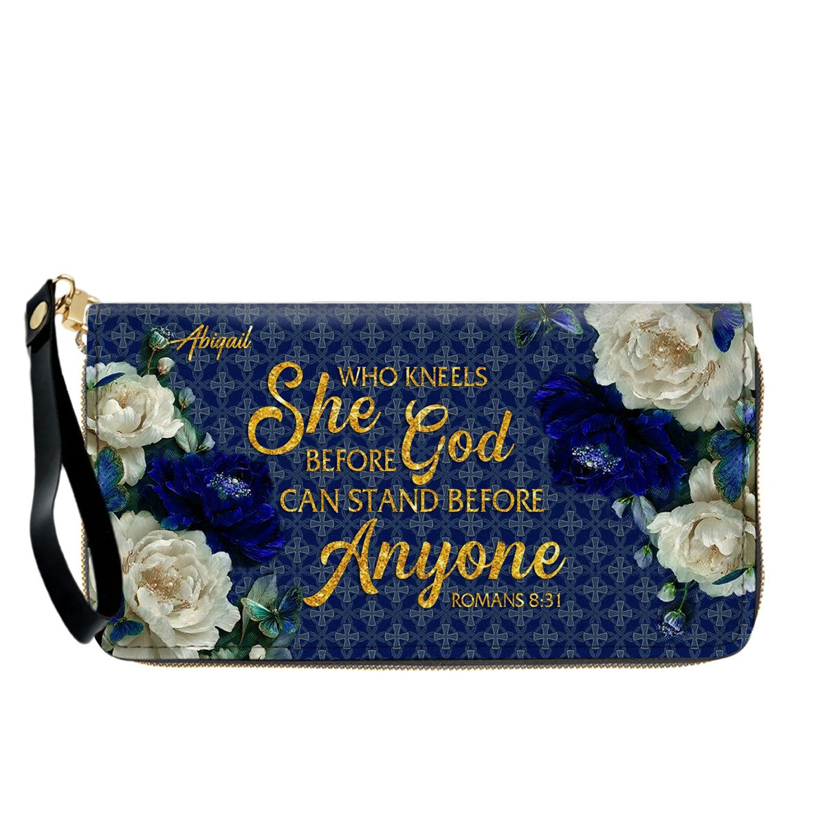 Personalized Christian Leather Handbag & Long Wallet Set – Custom Name Bible Verse Floral Blue Bag Gift for Women