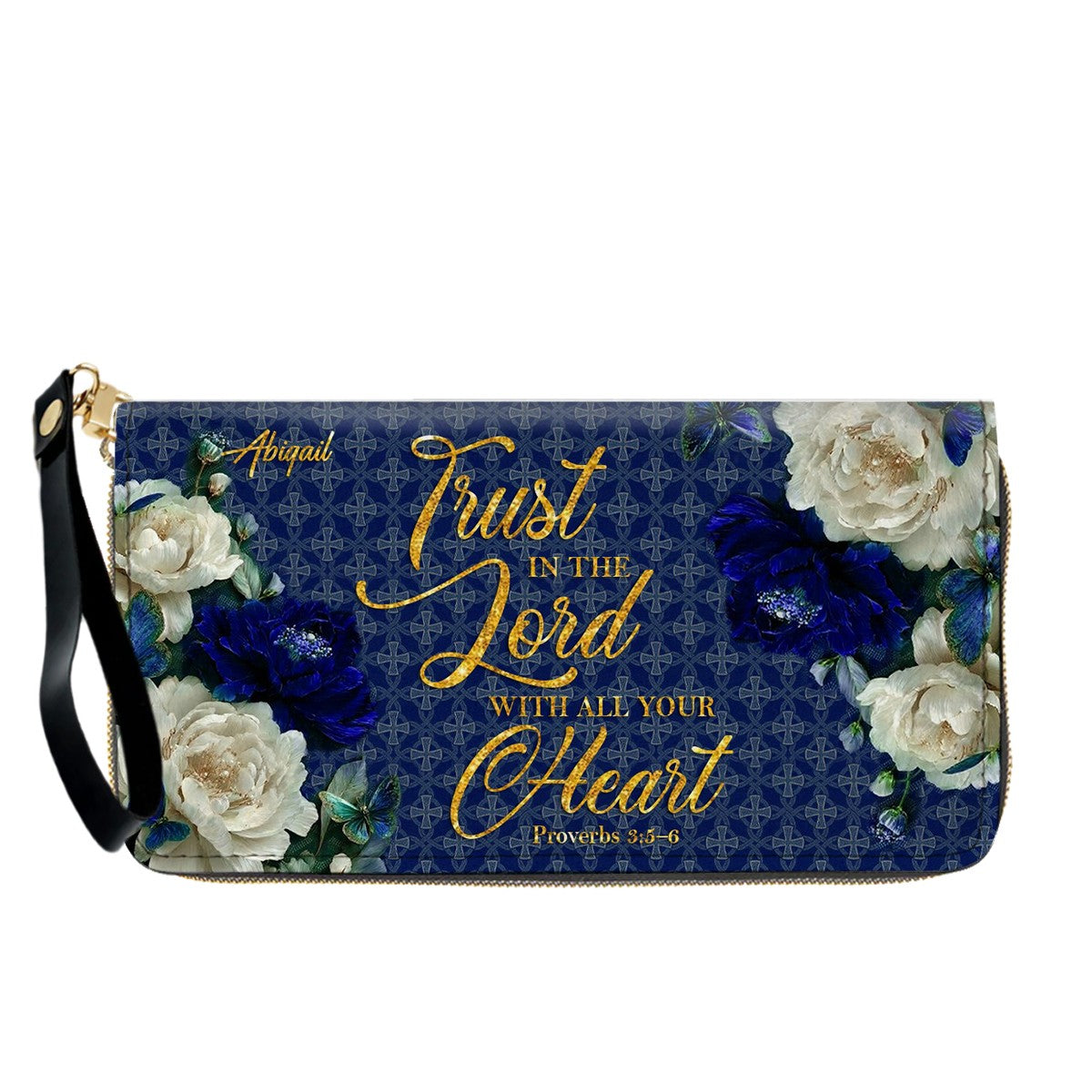 Personalized Christian Leather Handbag & Long Wallet Set – Custom Name Bible Verse Floral Blue Bag Gift for Women