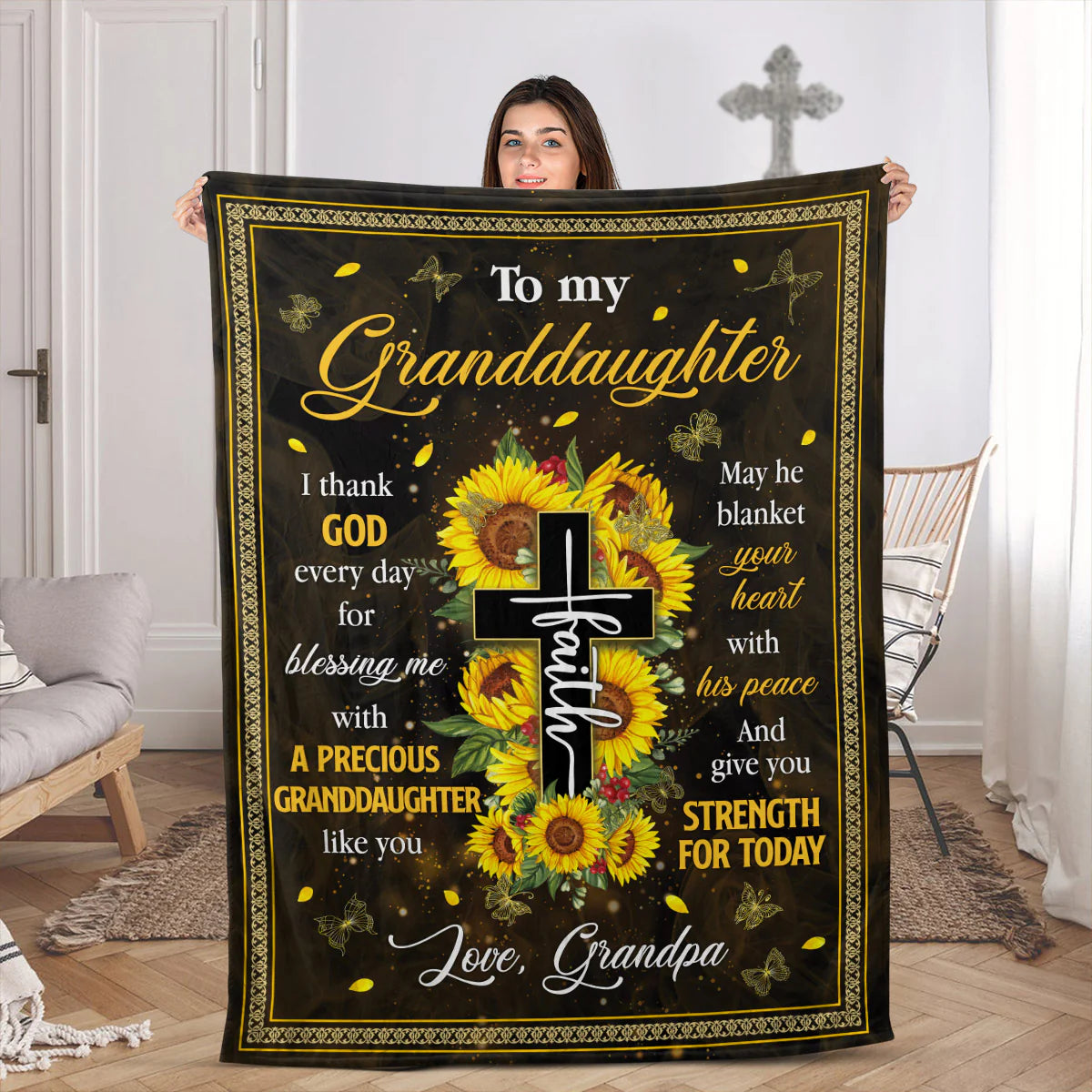 Personalized Faith Sunflower Blanket for Granddaughter - Fleece Blanket From Grandpa - CHRISTIANARTBAG CABBL01050424