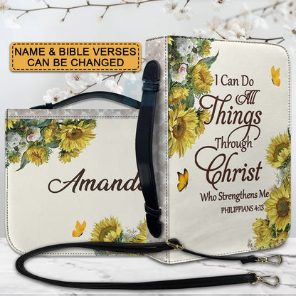 Personalized Sunflower Leather Bible Cover by CHRISTIANARTBAG - Custom Verse & Name Bible Carrying Case with Strap