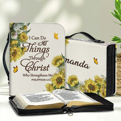 Personalized Sunflower Leather Bible Cover by CHRISTIANARTBAG - Custom Verse & Name Bible Carrying Case with Strap
