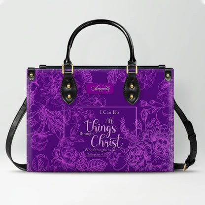 CHRISTIANARTBAG Personalized Leather Handbag | Custom Name Christian Bible Verse Tote Bag | Floral Purple Crossbody Purse for Religious Women Gift CAB017926