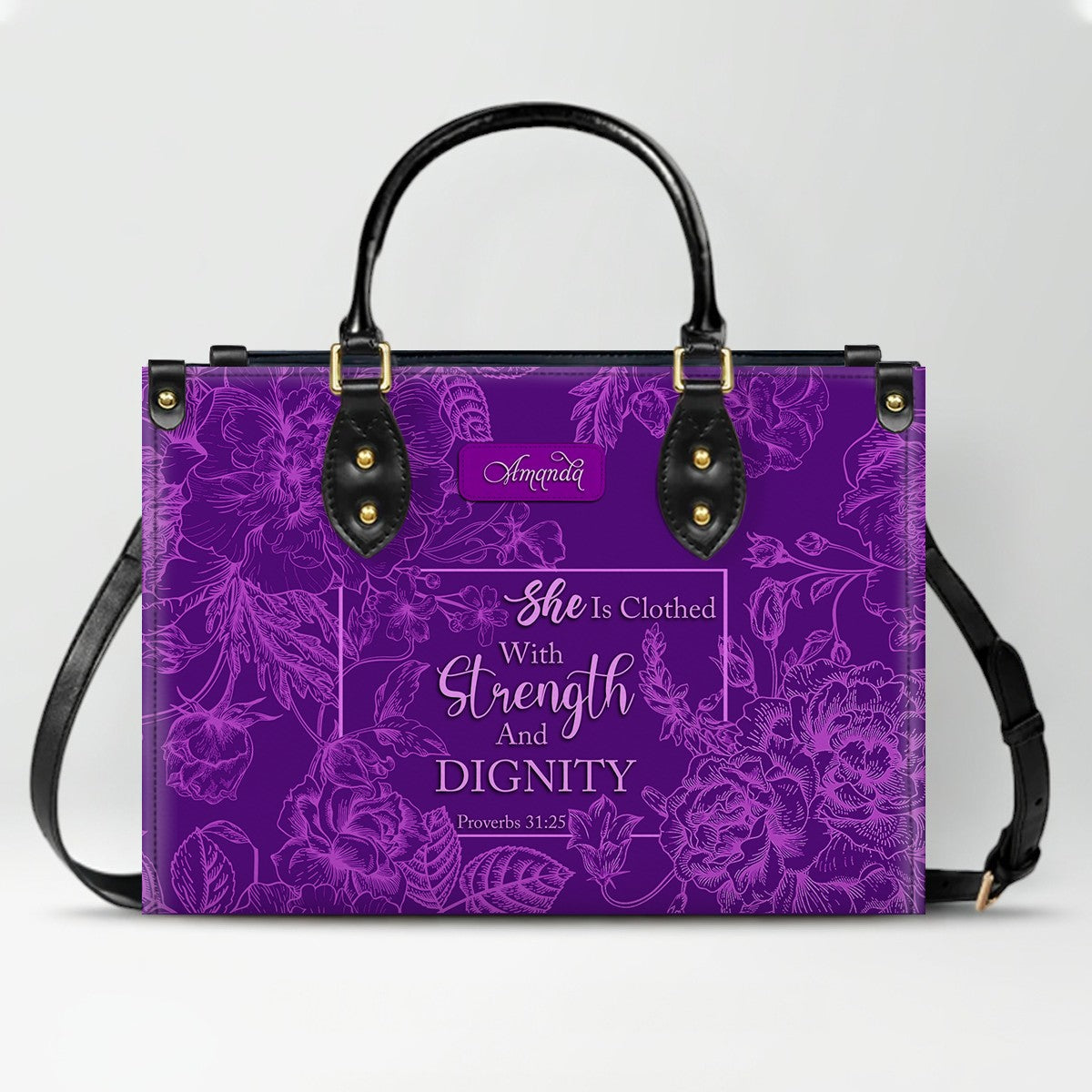 CHRISTIANARTBAG Personalized Leather Handbag | Custom Name Christian Bible Verse Tote Bag | Floral Purple Crossbody Purse for Religious Women Gift CAB017926