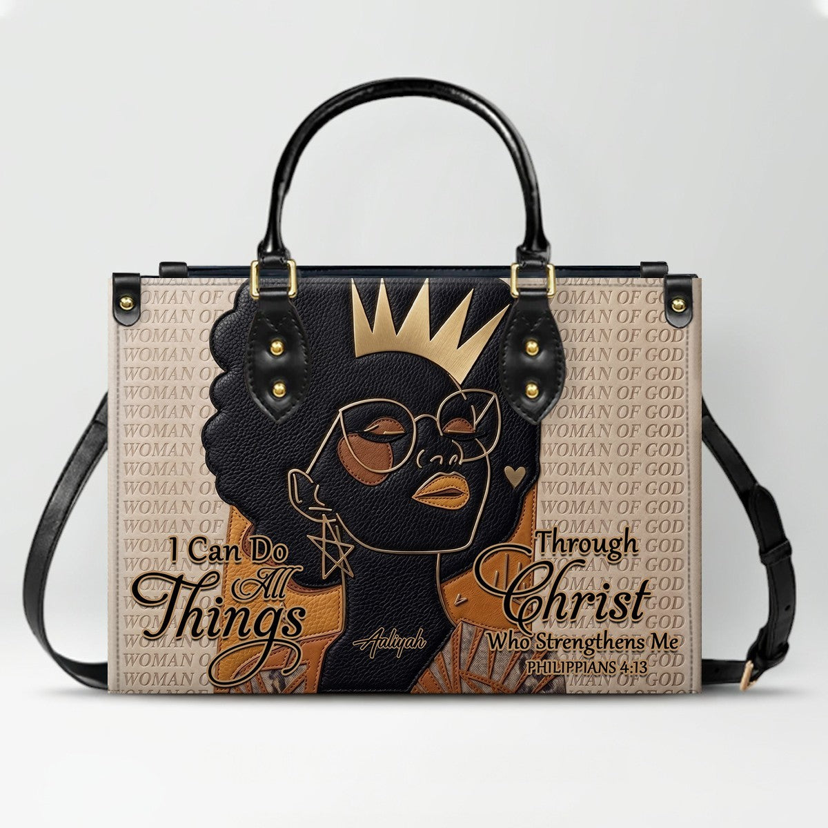 Personalized African American Woman of God Leather Handbag Custom Name Bible Verse Shoulder Bag | CHRISTIANARTBAG 02080726
