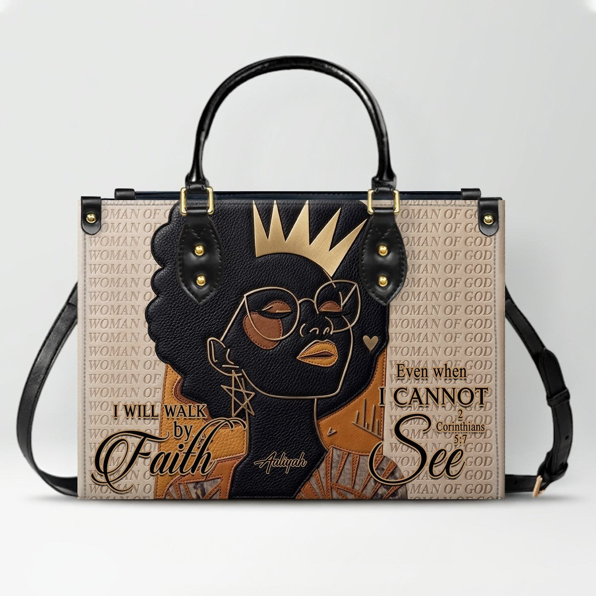 Personalized African American Woman of God Leather Handbag Custom Name Bible Verse Shoulder Bag | CHRISTIANARTBAG 02080726
