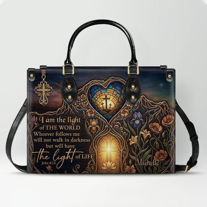 CHRISTIANARTBAG Personalized Leather Handbag - "I Am The Light of The World" John 8:12 Bible Verse Tote Bag with Cross Charm - Custom Name
