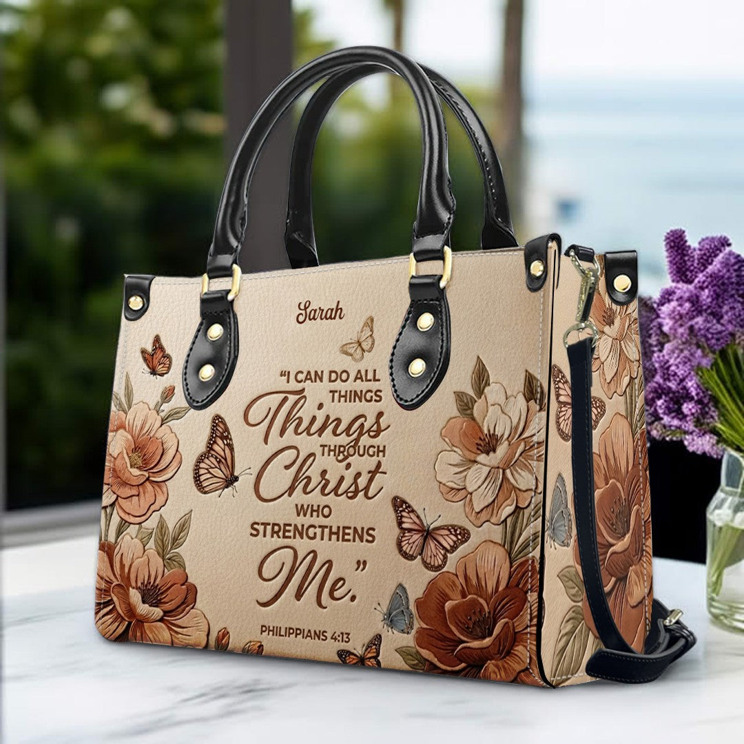 CHRISTIANARTBAG Personalized Leather Handbag – Custom Name & Bible Verse Floral Butterfly Leather Tote Bag 01073026