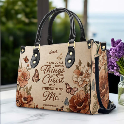 CHRISTIANARTBAG Personalized Leather Handbag – Custom Name & Bible Verse Floral Butterfly Leather Tote Bag 01073026