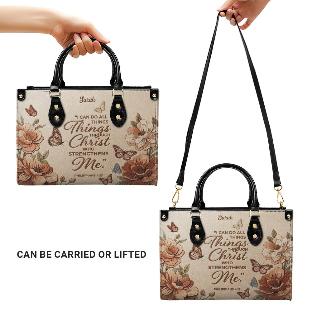 CHRISTIANARTBAG Personalized Leather Handbag – Custom Name & Bible Verse Floral Butterfly Leather Tote Bag 01073026