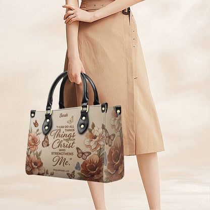 CHRISTIANARTBAG Personalized Leather Handbag – Custom Name & Bible Verse Floral Butterfly Leather Tote Bag 01073026