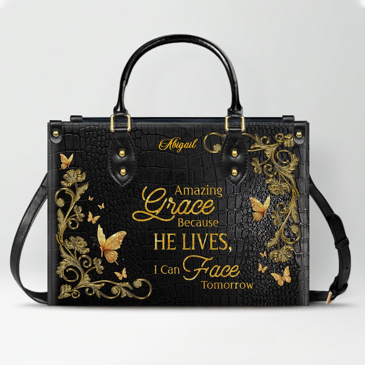 Personalized Christian Leather Handbag – Amazing Grace Because He Lives Tote, Custom Name Faith Gift for Women, Luxury Gold Foil Purse – CHRISTIANARTBAG