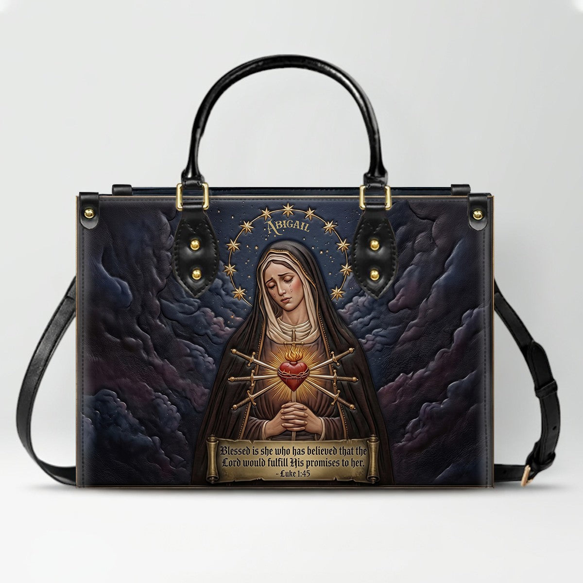 CHRISTIANARTBAG Personalized Catholic Leather Handbag - Custom Name & Bible Verse Virgin Mary Tote Bag CAB01101526