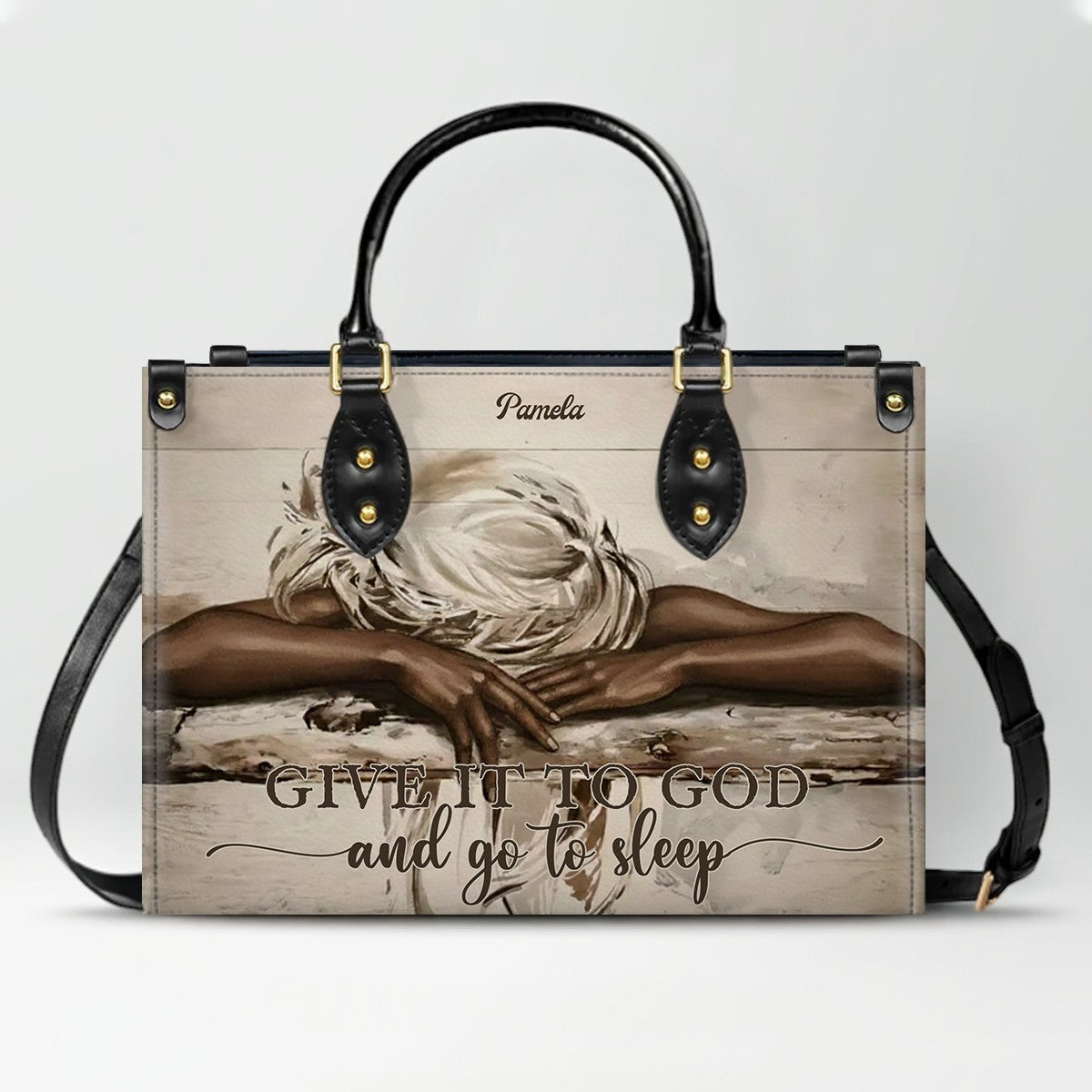 Personalized Christian Leather Handbag – “Give It To God and Go To Sleep” Faith Tote | Custom Name Purse by CHRISTIANARTBAG