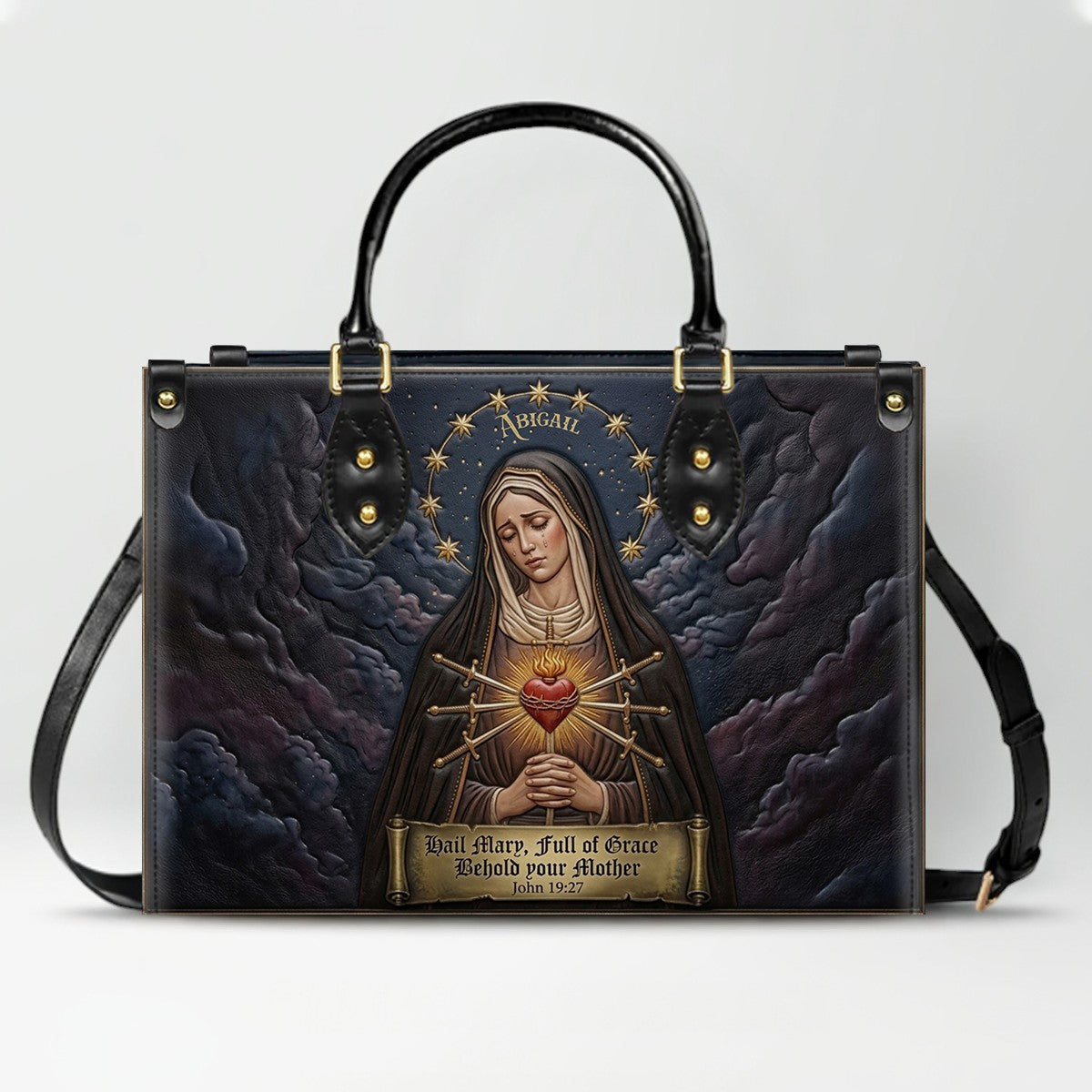 CHRISTIANARTBAG Personalized Catholic Leather Handbag - Custom Name & Bible Verse Virgin Mary Tote Bag CAB01101526