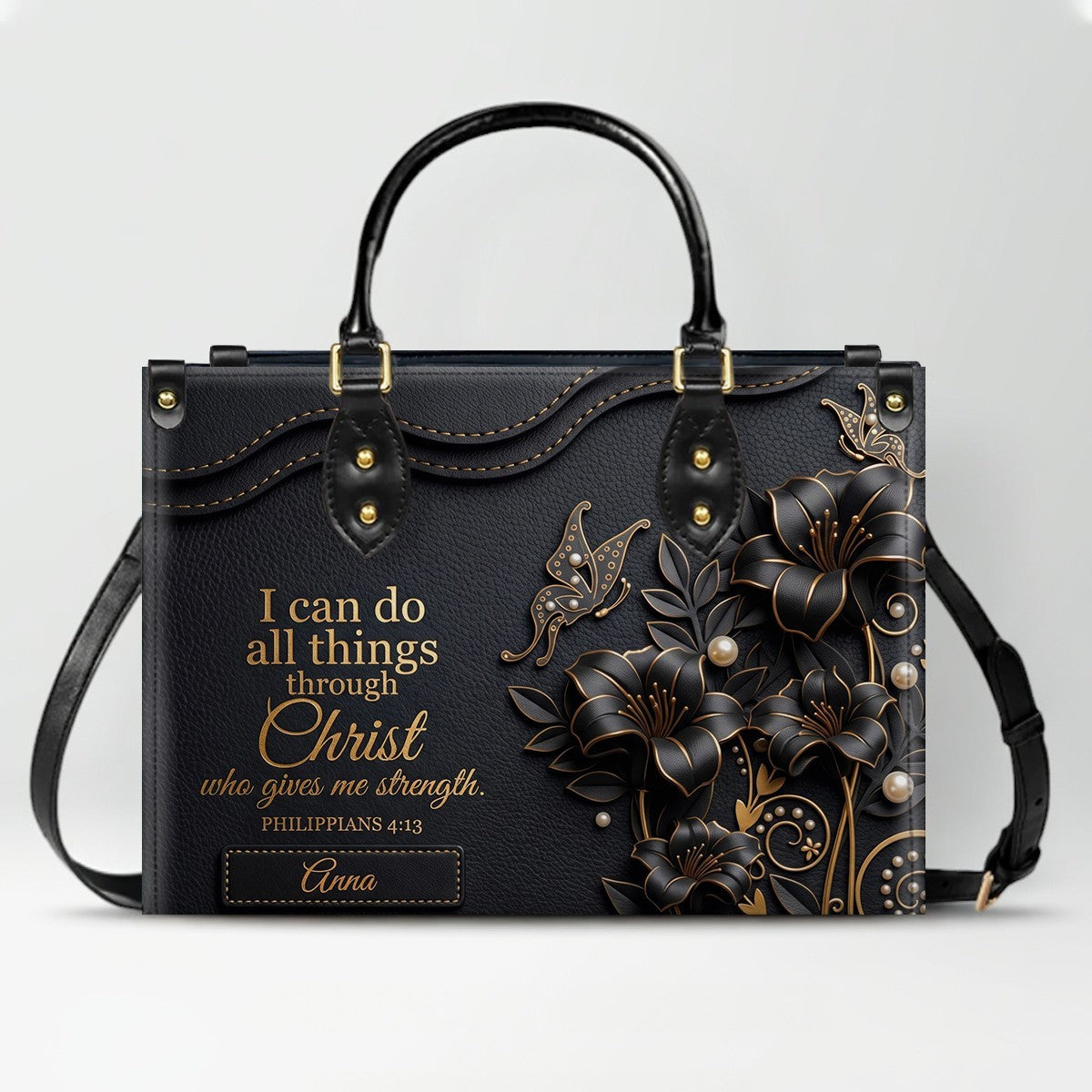 Personalized Leather Handbag - Custom Name Christian Bible Verse Philippians 4:13 Floral Butterfly Tote Bag | CHRISTIANARTBAG CA02100926