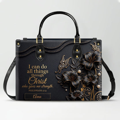 Personalized Leather Handbag - Custom Name Christian Bible Verse Philippians 4:13 Floral Butterfly Tote Bag | CHRISTIANARTBAG CA02100926
